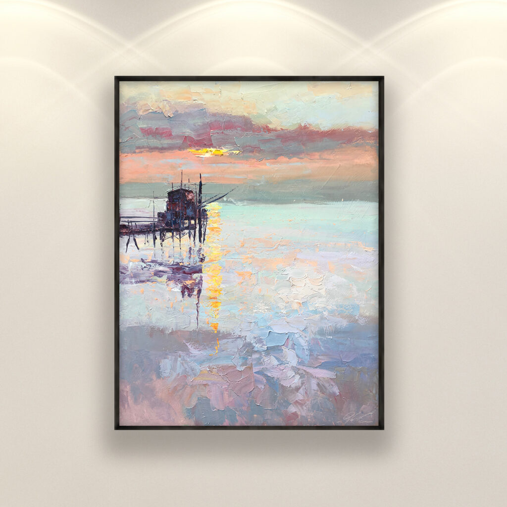 Sunset painting, original oil painting on canvas, hanging on a modern wall