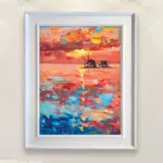 Sunset oil painting on canvas, original orange modern textured ocean wall art, vertical framed painting, perfect for room wall decor and as unique gift ideas, displayed on the wall in a stylish room