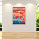 Vibrant sunset beach oil painting on canvas with rich impasto texture hanging on a modern wall