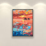 Vibrant sunset beach oil painting on canvas with rich impasto texture hanging on a modern wall