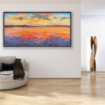 Sunset painting, original oil painting on canvas hanging in a modern living room with a beige sofa