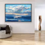 Sunset painting, original oil painting on canvas hanging in a modern living room with a beige sofa