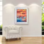 Sunset oil painting on canvas, original orange modern textured ocean wall art, vertical framed painting, perfect for room wall decor and as unique gift ideas, displayed on the wall in a stylish room