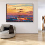 Sunset painting, original oil painting on canvas hanging in a modern living room with a beige sofa