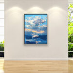 Modern seascape sunset oil painting on canvas with rich impasto texture hanging in a stylish living room, showing full room decor.