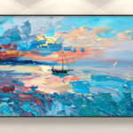 Sunset painting, original oil painting on canvas, hanging on a modern wall