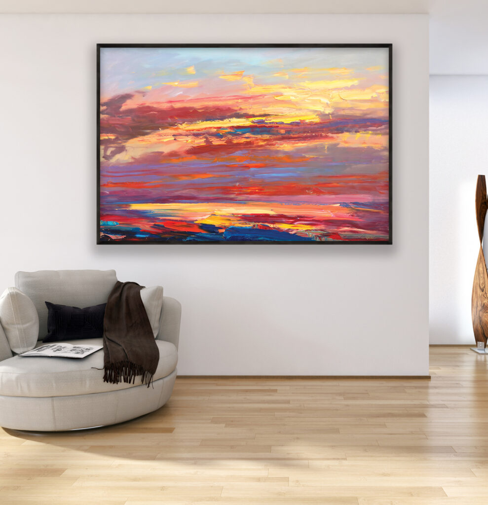 Sunset painting, original oil painting on canvas hanging in a modern living room with a beige sofa