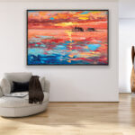 Sunset painting, original oil painting on canvas hanging in a modern living room with a beige sofa and home decor