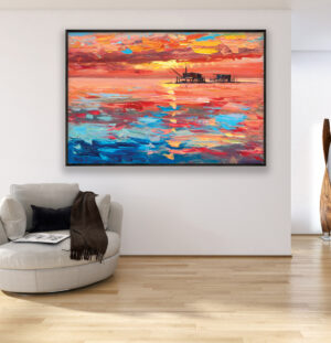 Sunset painting, original oil painting on canvas hanging in a modern living room with a beige sofa and home decor