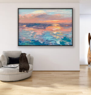 Sunset painting, original oil painting on canvas hanging in a modern living room with a beige sofa