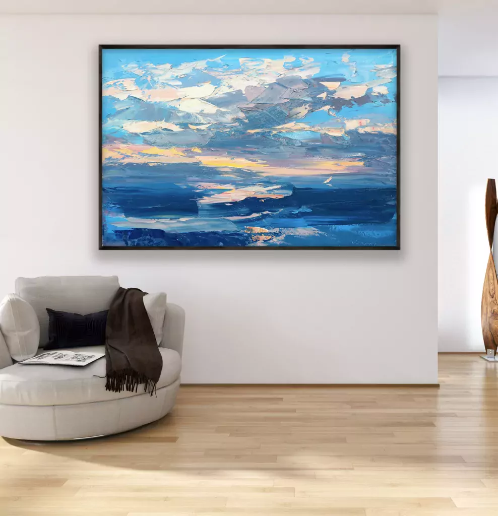 Sunset painting, original oil painting on canvas hanging in a modern living room with a beige sofa