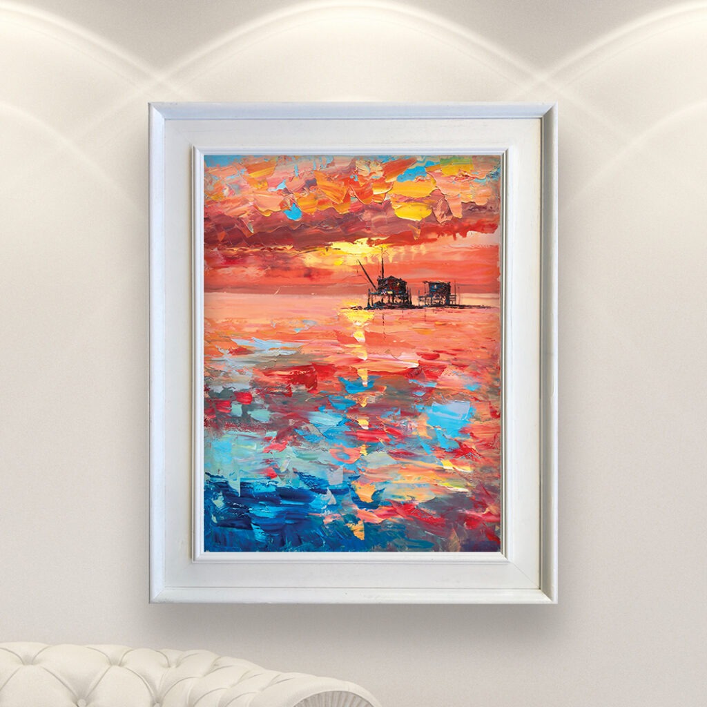 Sunset oil painting on canvas, original orange modern textured ocean wall art, vertical framed painting, perfect for room wall decor and as unique gift ideas, displayed on the wall in a stylish room