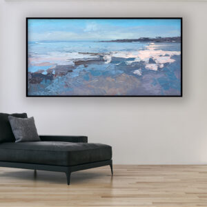 Sunset painting, original oil painting on canvas hanging in a modern living room with a black sofa