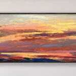 Sunset painting, original oil painting on canvas hanging in a modern wall