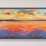 Sunset painting, original oil painting on canvas hanging on a modern wall