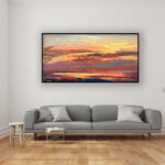 Sunset painting, original oil painting on canvas hanging in a modern living room with a gray sofa