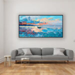 Sunset painting, original oil painting on canvas hanging in a modern living room with a gray sofa