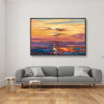 Sunset painting, original oil painting on canvas hanging in a modern living room with a gray sofa