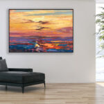 Sunset painting, original oil painting on canvas hanging in a modern living room with a black sofa