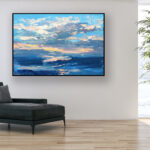 Sunset painting, original oil painting on canvas hanging in a modern living room with a black sofa