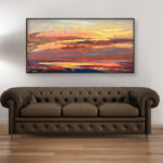 Sunset painting, original oil painting on canvas hanging in a modern living room with a brown sofa