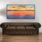 Sunset painting, original oil painting on canvas hanging in a modern living room with a brown sofa