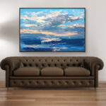 Sunset painting, original oil painting on canvas hanging in a modern living room with a brown sofa