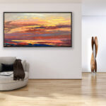 Sunset painting, original oil painting on canvas hanging in a modern living room with a beige sofa