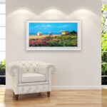 Impressionist Beach oil painting on canvas with rich impasto texture hanging in a modern living room with a white sofa, showing full room decor.