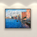 Venice painting on canvas with rich impasto texture hanging on a modern wall, viewed from a medium distance.