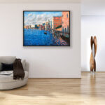 Venice painting, original oil painting on canvas hanging in a modern living room with a beige sofa