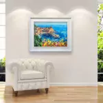 Vernazza Cinque Terre painting with cactus and flowers, original oil painting on canvas hanging in a modern living room with a white sofa and home decor