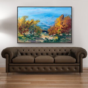 Vineyard painting, original oil painting on canvas hanging in a modern living room with a brown sofa and home decor