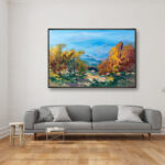 Vineyard painting, original oil painting on canvas hanging in a modern living room with a gray sofa and home decor