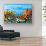 Vineyard painting, original oil painting on canvas hanging in a modern living room with a black sofa and home decor