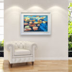 Water Lilies painting, original oil painting on canvas hanging in a modern living room with a white sofa and home decor