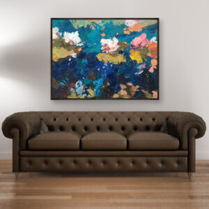 Water Lilies painting, original oil painting on canvas hanging in a modern living room with a brown sofa and home decor