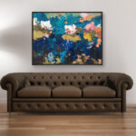 Water Lilies painting, original oil painting on canvas hanging in a modern living room with a brown sofa