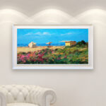 Impressionist Beach oil painting on canvas with rich impasto texture hanging in a modern living room with a white sofa, viewed from a medium distance.