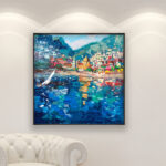 Positano painting, original oil painting on canvas hanging in a modern living room with a white sofa and home decor