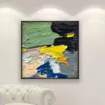 Abstract painting, original oil painting on canvas hanging in a modern living room with a white sofa and home decor