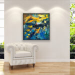 Abstract painting, original oil painting on canvas hanging in a modern living room with a white sofa and home decor