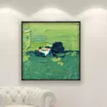 Modern Green Abstract Painting on Canvas hanging in a elegant living room with a white sofa