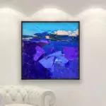 Abstract painting, original oil painting on canvas hanging in a modern living room with a white sofa and home decor