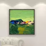 Abstract painting, original oil painting on canvas hanging in a modern living room with a white sofa and home decor