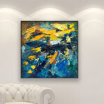 Abstract painting, original oil painting on canvas hanging in a modern living room with a white sofa and home decor