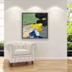 Abstract painting, original oil painting on canvas hanging in a modern living room with a white sofa and home decor