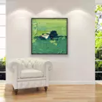 Modern Green Abstract Painting on Canvas hanging in a elegant living room with a white sofa