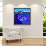 Abstract painting, original oil painting on canvas hanging in a modern living room with a white sofa and home decor