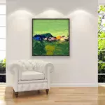 Abstract painting, original oil painting on canvas hanging in a modern living room with a white sofa and home decor